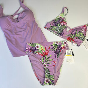 Salt + Cove 3 Piece Set Bikini Top Floral & Bottom Multi Dusty Lilac Medium NWT